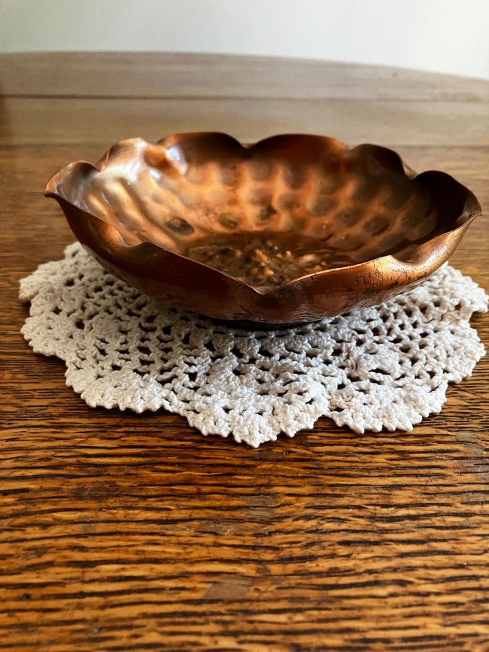 Vintage Hammered Copper Bowl with Ruffled Edge and Grape and Leaf Detail - 5"